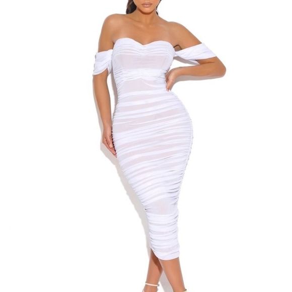 🔥Quenby White Off Shoulder Mesh Maxi Dress - Picture 2 of 6